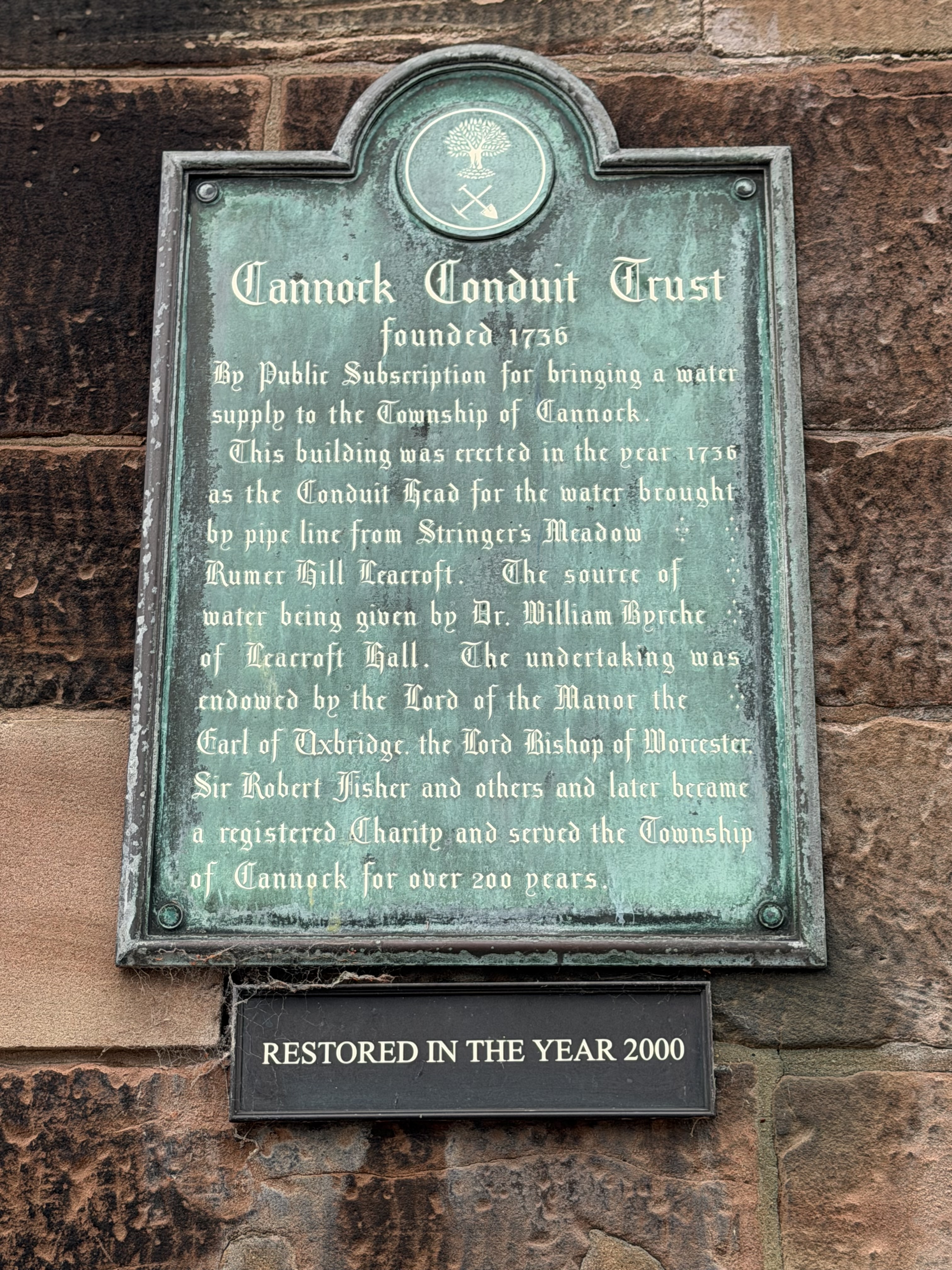 Historic plaque on the Conduit Head describing the founding of the Trust